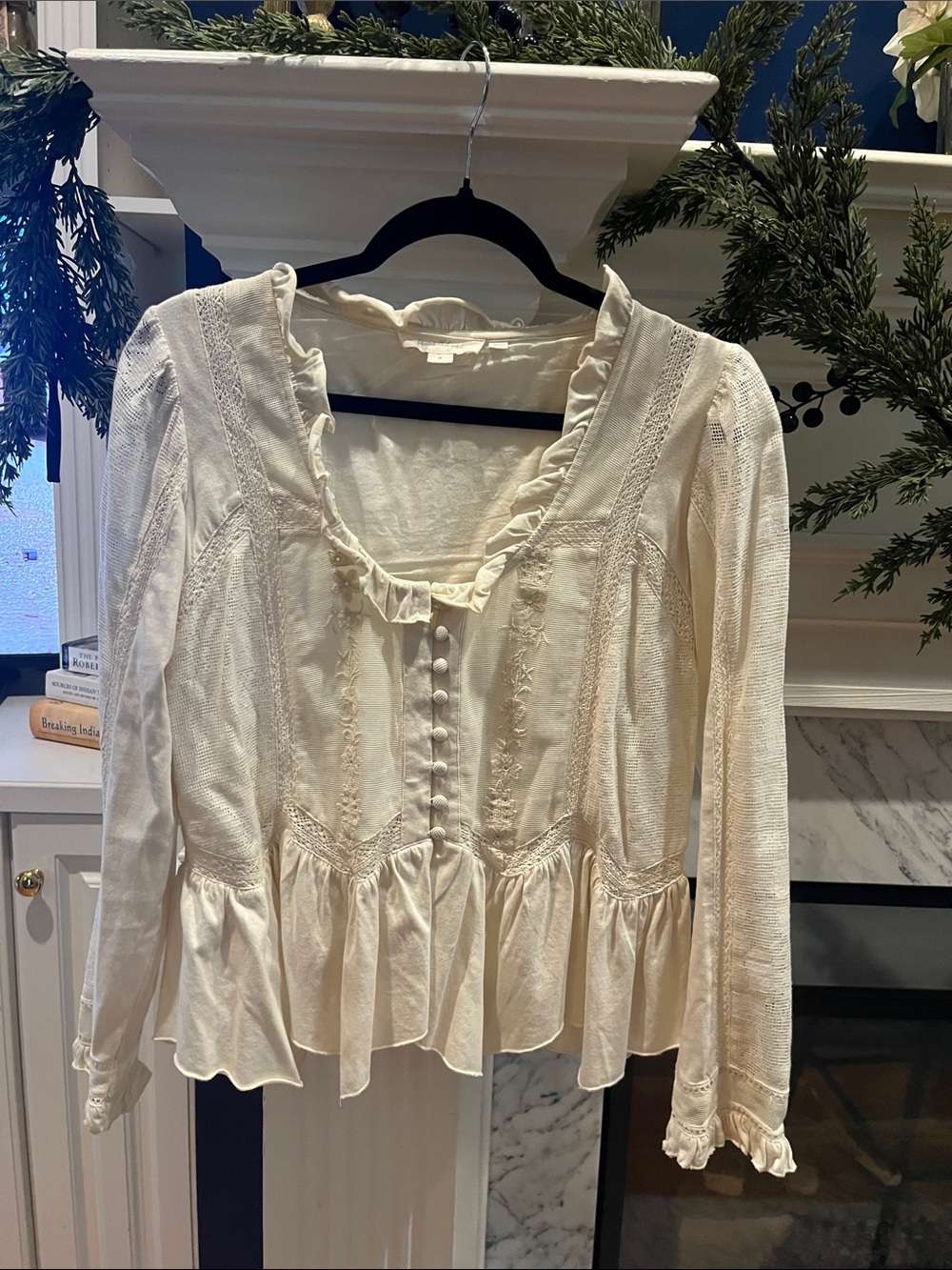 Anthropologie Cream Ruffle-Trim Peplum Button Blouse